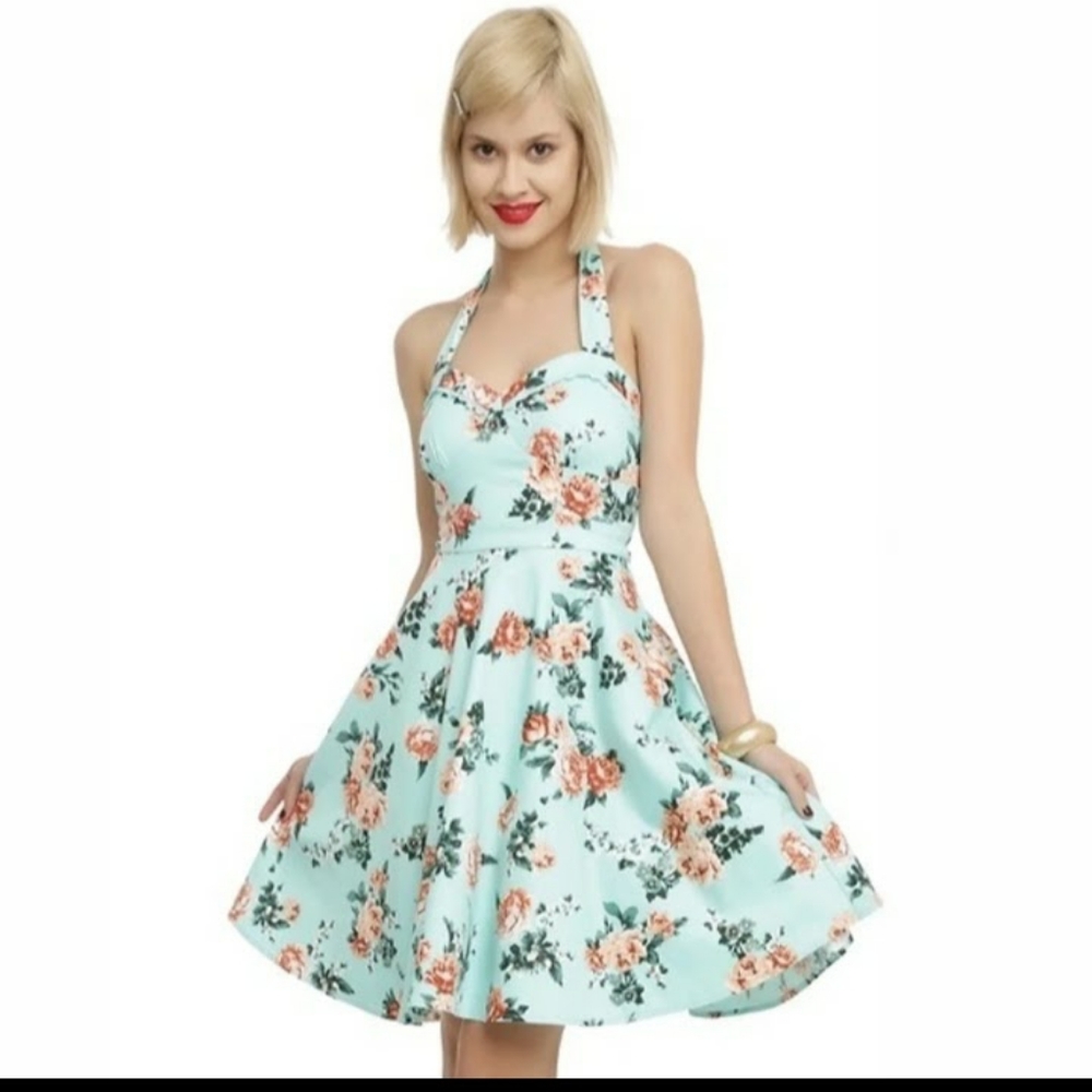 Hot Topic Mint Floral Halter Skater Dress